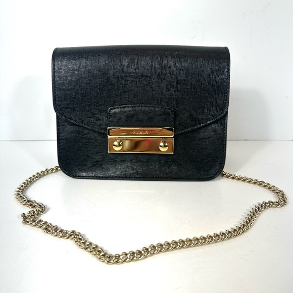 Furla Julia Saffiano Leather Gold Chain Classic Black Mini Shoulder Bag - Picture 1 of 15